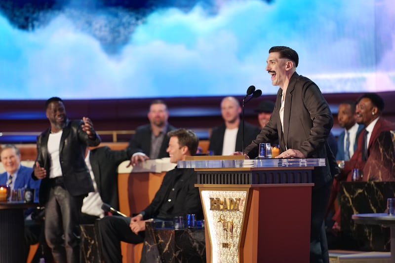 Kevin Hart, Tom Brady, Andrew Schulz at G.R.O.A.T. The Greatest Roast Of All Time: Tom Brady for the Netflix is a Joke Festival at the Kia Forum on Sunday, May 5, 2024 in Inglewood, CA. Cr. Kevin Kwan/Netflix © 2024