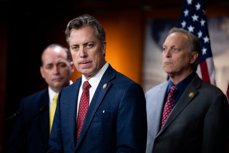 Rep. Andy Ogles (center) hold a news conference with other members of the House Freedom Caucus in the U.S. Capitol on Tuesday, March 5, 2024.