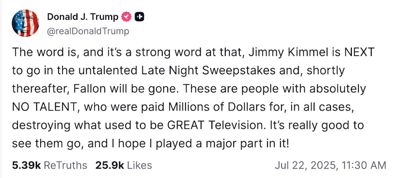 Donald Trump Truth Social Post 7/22/25
