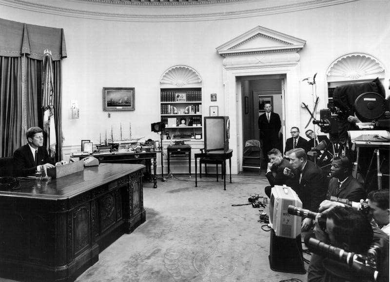 President John F. Kennedy speaking during a press conference in 1963 in the Oval Office—his nephew said th