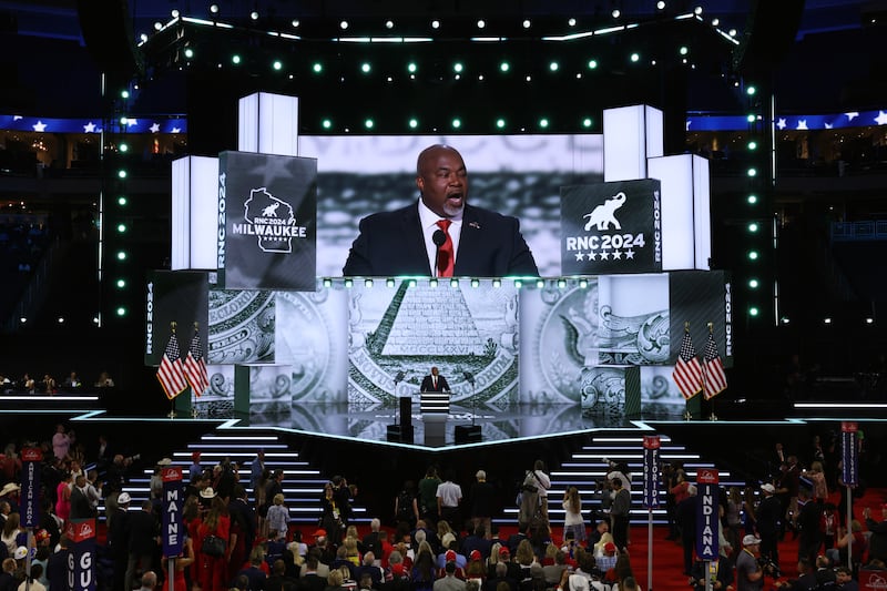 North Carolina Lt. Gov. Mark Robinson speaks on stage on the first day of the Republican National Convention at the Fiserv Forum on July 15, 2024 in Milwaukee, Wisconsin