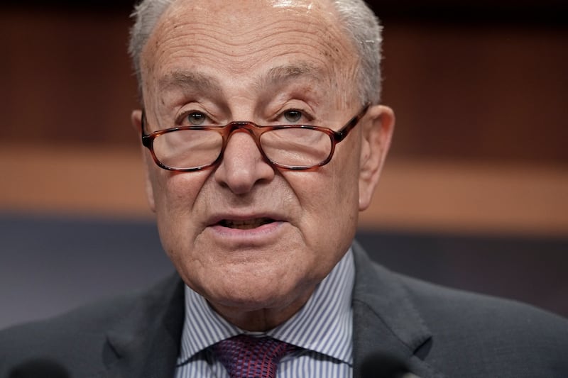 Senate Minority Leader Chuck Schumer, Democrat from New York, speaks during a news conference calling on the Trump administration to release further information on the Jeffrey Epstein case.