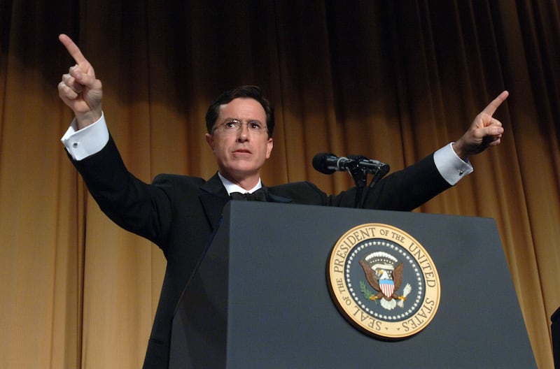WASHINGTON - APRIL 29: (AFP OUT) Comedian Stephen Colbert entertains guests at the White House Correspondents' Dinner April 29, 2006 in Washington, DC. (Photo by Roger L. Wollenberg-POOL/Getty Images)