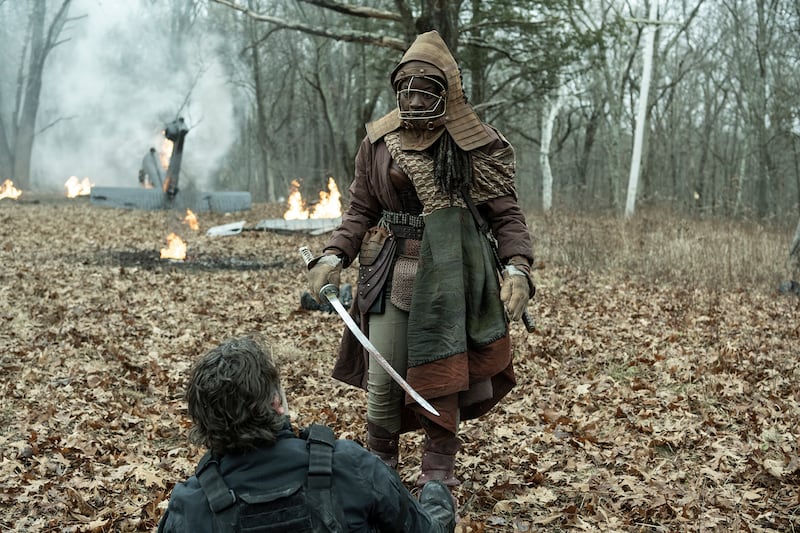 Danai Gurira as Michonne and Andrew Lincoln as Rick Grimes.