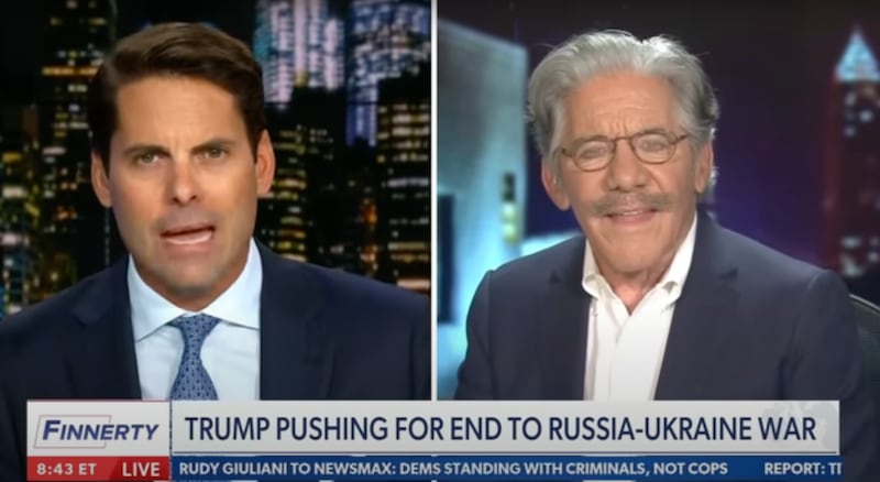 Geraldo Riviera (right) praises President Donald Trump’s efforts to broker peace in an interview with Newsmax host Scott Finnerty.