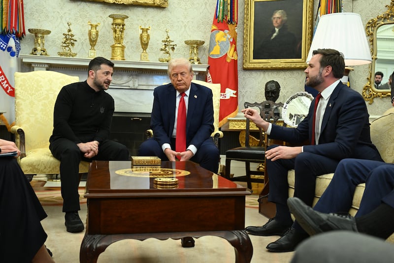 US President Donald Trump and Ukraine's President Volodymyr Zelensky listen to Vice President JD Vance (R) as they meet in the Oval Office of the White House in Washington, DC, February 28, 2025. Zelensky on February 28 told Trump there should be "no compromises" with Russian President Vladimir Putin as the parties negotiate to end the war after Moscow's invasion. (Photo by SAUL LOEB / AFP) (Photo by SAUL LOEB/AFP via Getty Images)