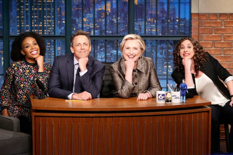 Amber Ruffin, host Seth Meyers, Hillary Rodham Clinton and Jenny Hagel during the sketch "Jokes Seth Can't Tell" on November 8, 2017.