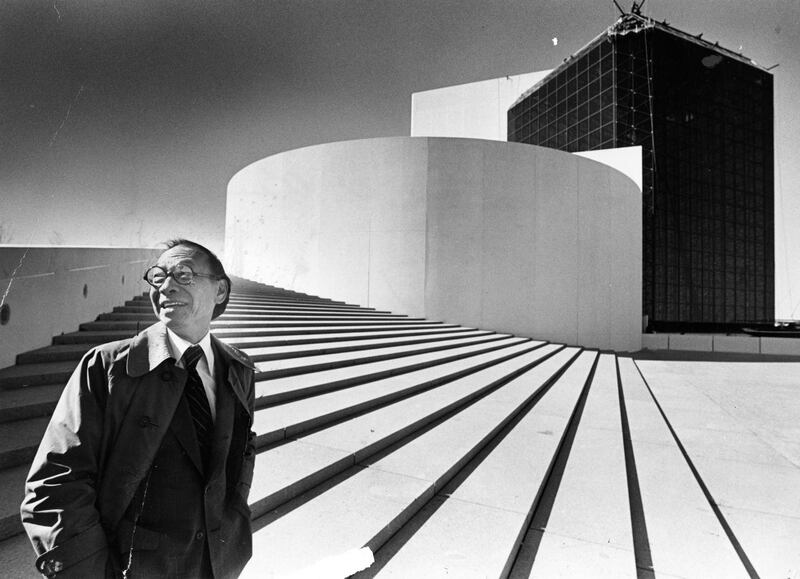 Architect I.M. Pei stands outside the John F. Kennedy Presidential Library and Museum in Boston, which he designed, on Oct. 16, 1979.