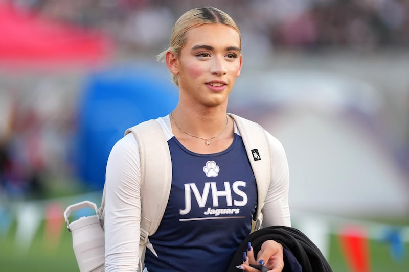 Transgender athlete AB Hernandez of Jurupa Valley leaves the track during the CIF State Track and Field Championships at Veterans Memorial Stadium on May 30, 2025 in Clovis, California.