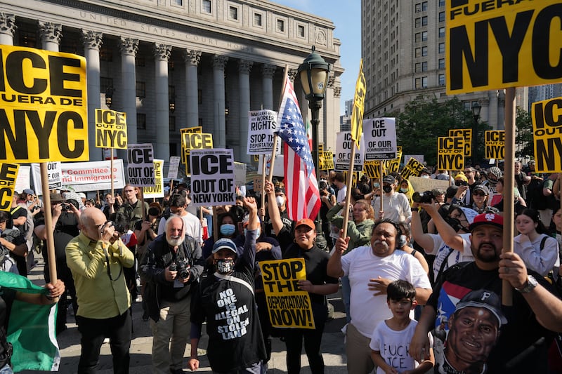 Demonstrators rally during an "ICE Out Of NYC" protest against US Immigration and Customs Enforcement (ICE) and federal immigration operations, in New York City