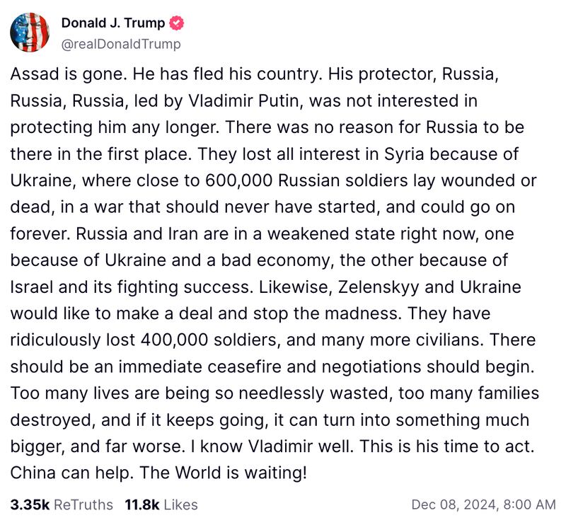 A Truth Social post by President-elect Donald Trump in which he encourages Russian President Vladimir Putin to pursue a ceasefire in Ukraine.