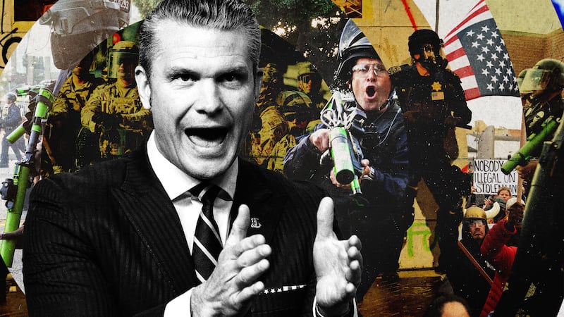 Pete Hegseth in front of a collage of images from the ICE protests in Los Angeles, California