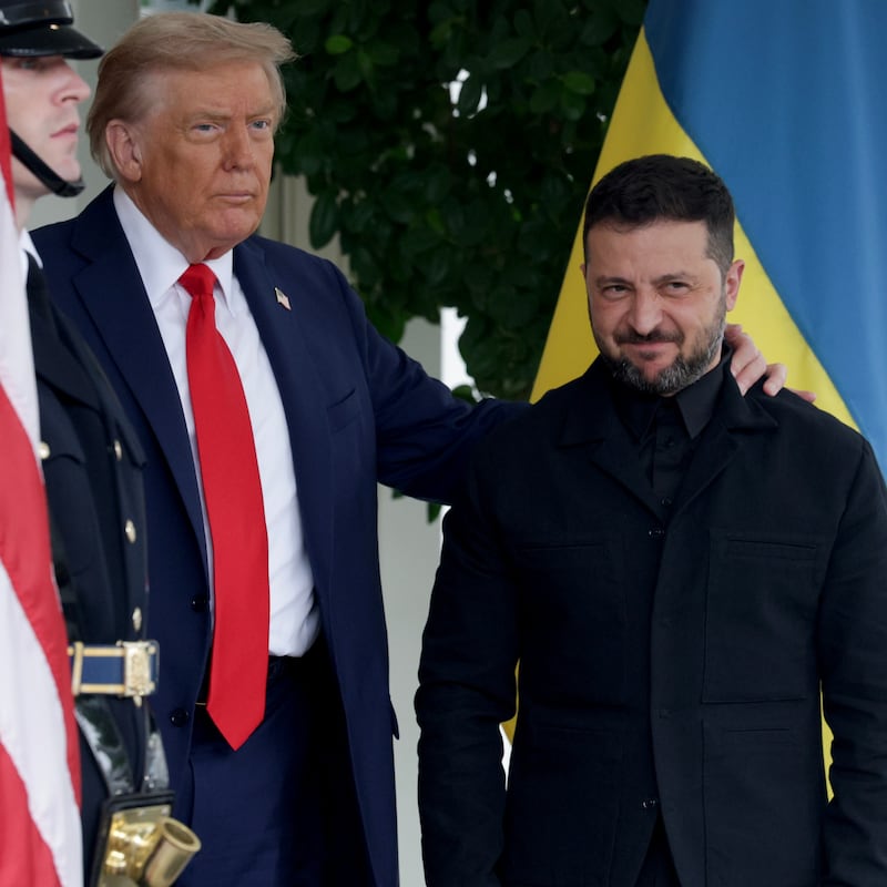 President Donald Trump greets Ukrainian President Volodymyr Zelensky