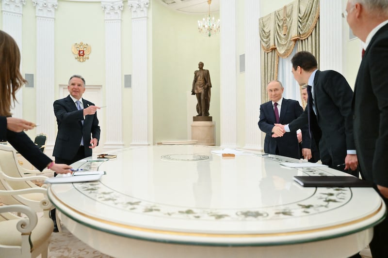 Russia's President Vladimir Putin and US Special Envoy Steve Witkoff arrive for their talks in Moscow on April 25, 2025.