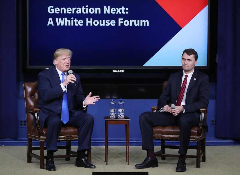 Charlie Kirk, pictured here with President Donald Trump during Trump's first term, has warned that the Jeffrey Epstein crisis won't go away.
