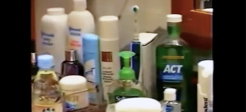 Toiletries are displayed on a countertop in a bathroom in Jeffrey Epstein's Palm Beach mansion.