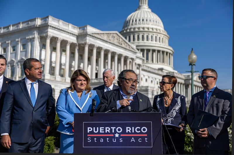 Rep. Raul Grijalva speaks at a press conference at the US Capitol on April 20, 2023 in Washington, DC. The U.S. House of Representatives passed a bill H.R. 8393, the Puerto Rico Status Act, that could move Puerto Rico away from its current status as a U.S. territory.