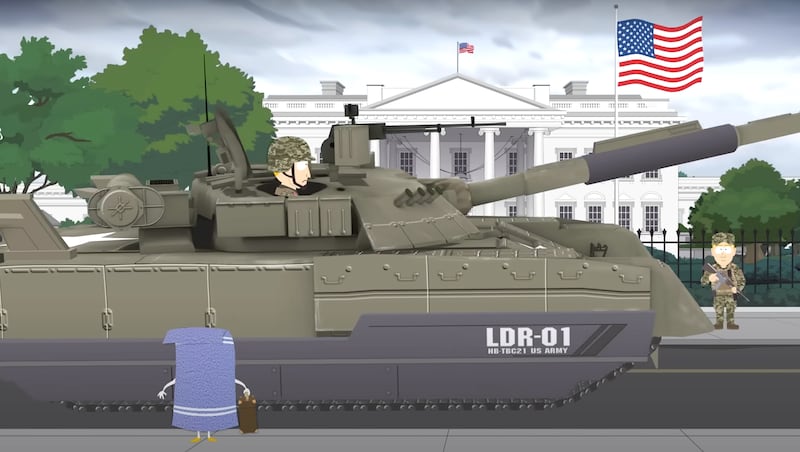 South Park, Towelie walking to the White House, but there's a tank rolling through the street in front of him.