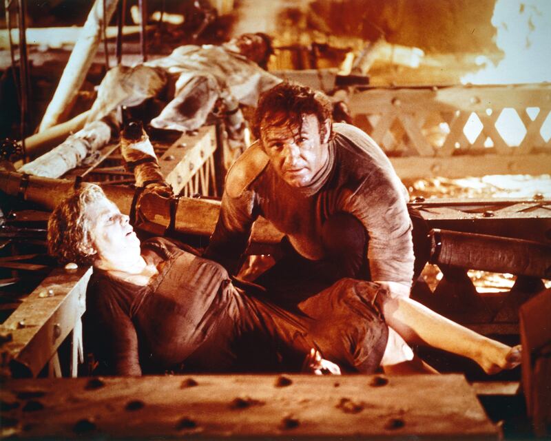 Actors Gene Hackman and Shelley Winters in a pivotal scene from the 1972 disaster film 'The Poseidon Adventure.'