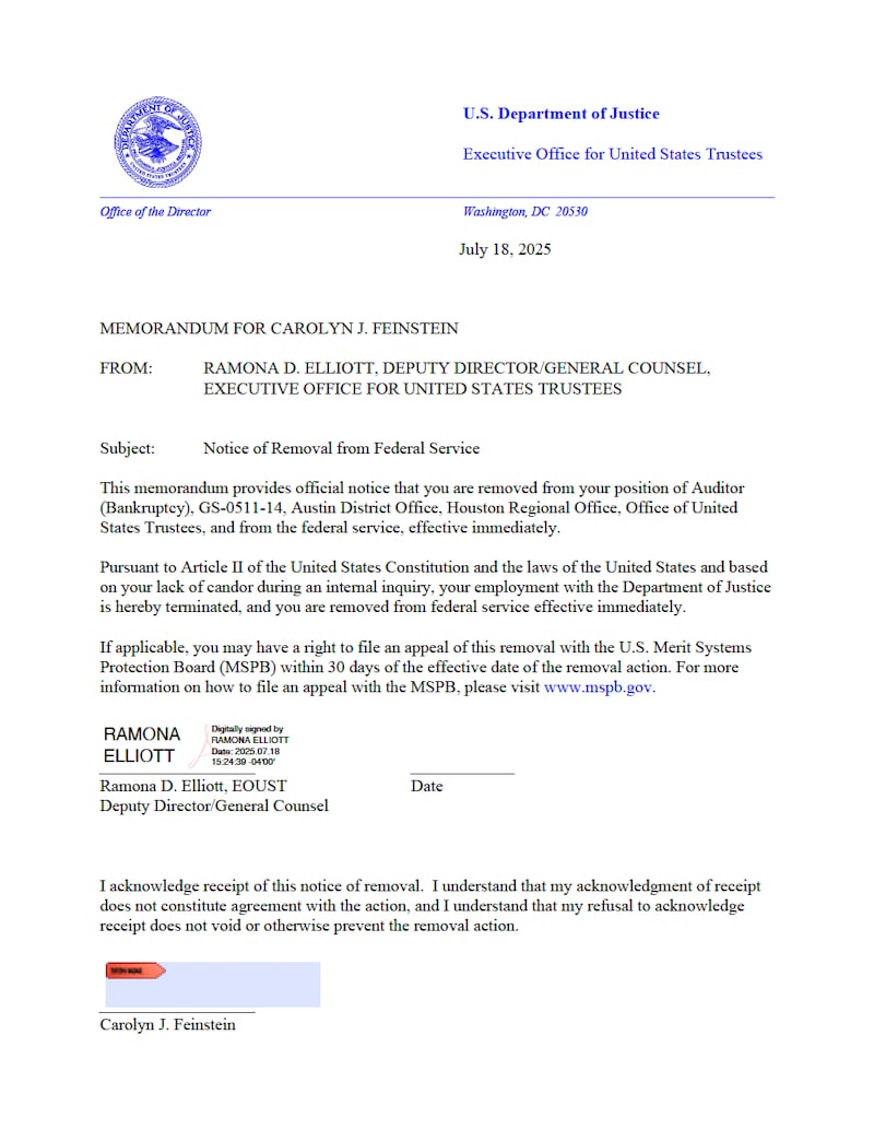 A copy of the letter Feinstein received from the DOJ informing her that her position had been terminated.