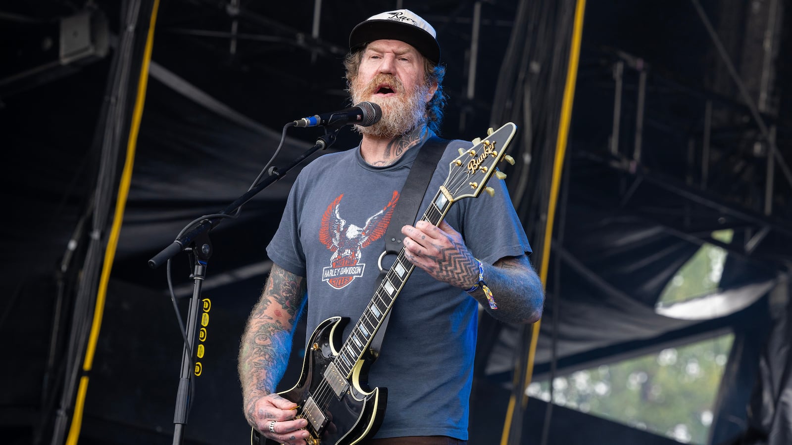 CHICAGO, ILLINOIS - SEPTEMBER 22: Brent Hinds of Mastodon performs at Riot Fest 2024 at Douglass Park on September 22, 2024 in Chicago, Illinois.