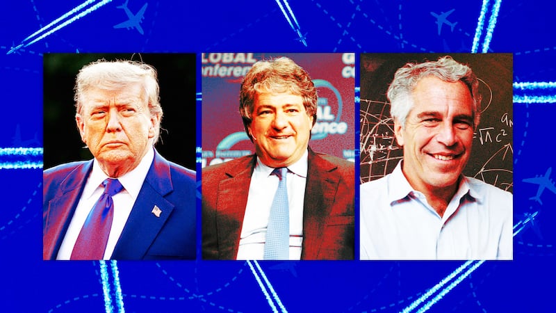 A photo illustration of President Donald Trump, Leon Black, and Jeffrey Epstein on a background of blue and planes flying.