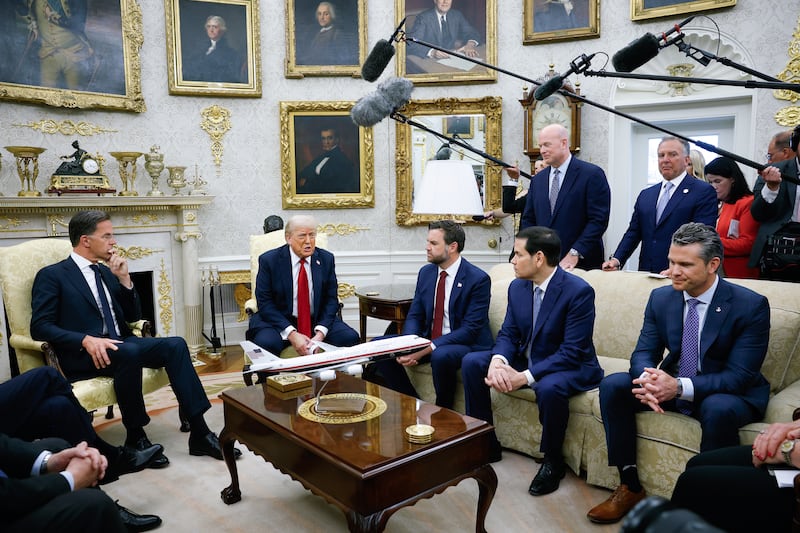 President Donald Trump was joined by Vice President JD Vance, Secretary of State Marco Rubio, Defense Secretary Pete Hegseth and other top officials while meeting with NATO Secretary General Mark Rutte in the Oval Office at the White House on July 14, 2025.