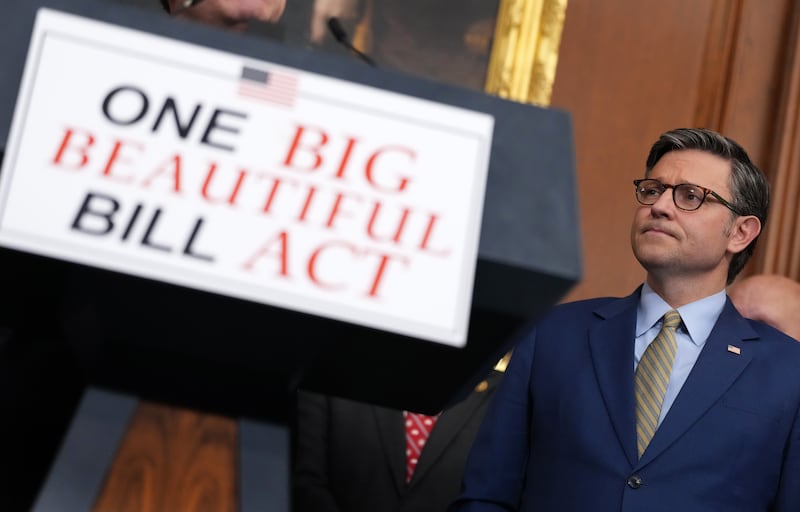 Speaker of the House Mike Johnson at a press conference after the House narrowly passed Donald Trump's "One, Big, Beautiful Bill" Act.