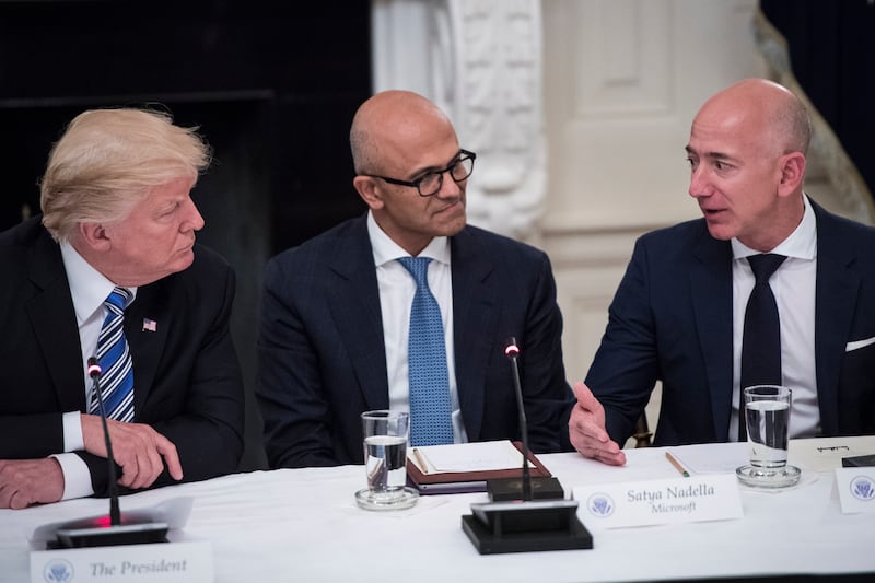 Donald Trump, Satya Nadella, and Jeff Bezos.