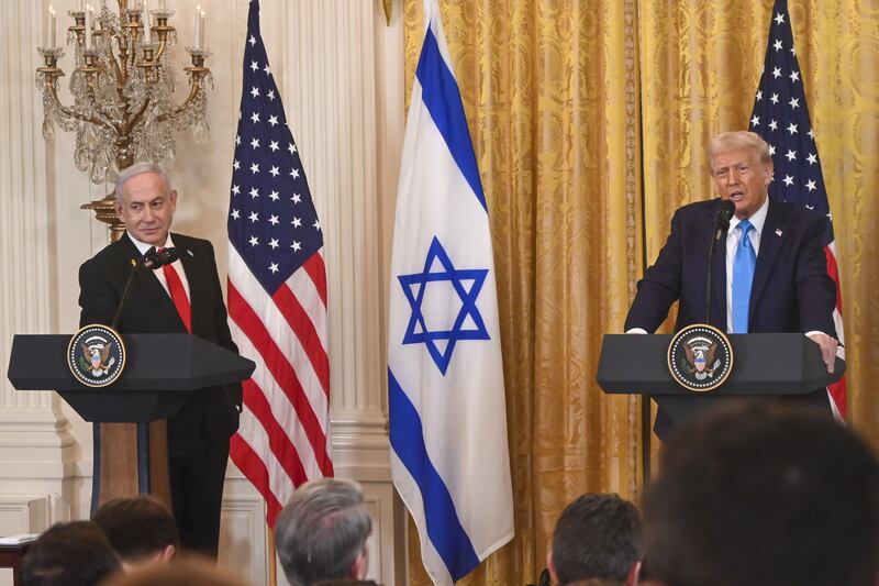 United States President Donald Trump (R) and Israeli Prime Minister Benjamin Netanyahu (L) hold a joint press conference in the East Room at the White House in Washington, D.C., United States on February 04, 2025.