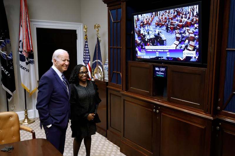 President Joe Biden and Judge Ketanji Brown Jackson watch together as the U.S. Senate votes to confirm her to be the first Black woman to be a justice on the Supreme Court in the Roosevelt Room at the White House on April 07, 2022 in Washington, DC.