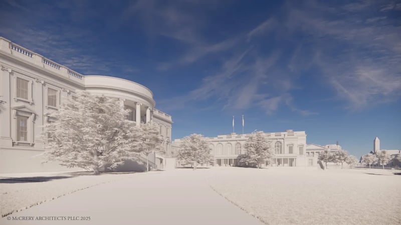 A rendering of the planned White House ballroom as viewed from the South Lawn.