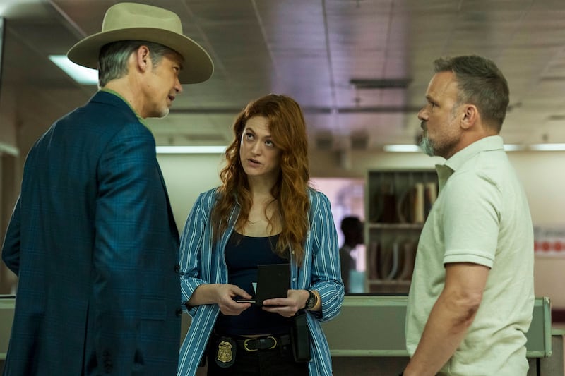 A picture of Timothy Olyphant, Marin Ireland, and Norbert Leo Butz in Justified: City Primeval