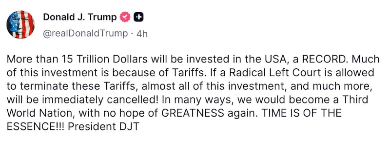 Donald Trump posts on Truth Social.