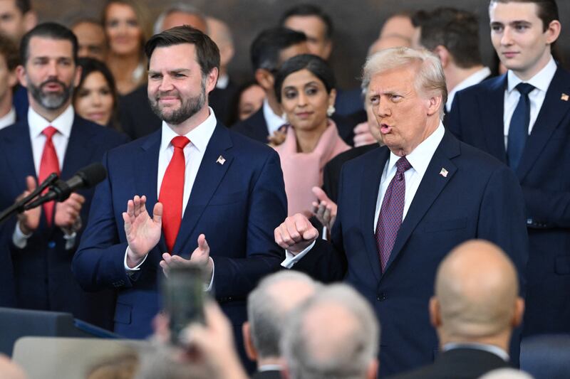 US Vice President-elect J.D. Vance applauds as President-elect Donald Trump arrives at the inauguration ceremony before Trump is sworn in as the 47th US President in the US Capitol Rotunda in Washington, DC, on January 20, 2025. (Photo by SAUL LOEB / POOL / AFP) (Photo by SAUL LOEB/POOL/AFP via Getty Images)