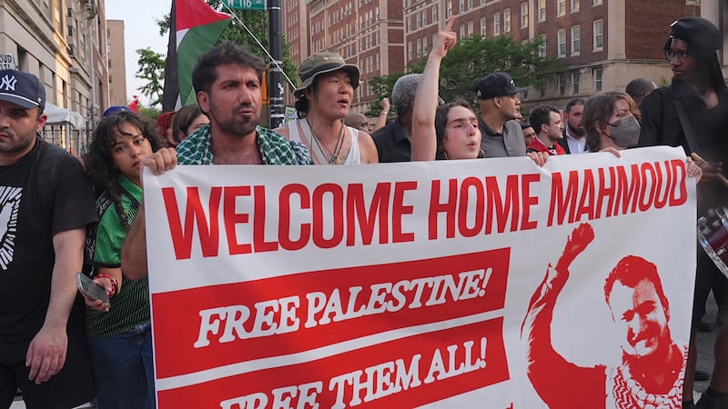 Protestors welcoming Mahmoud Khalil home to New York.