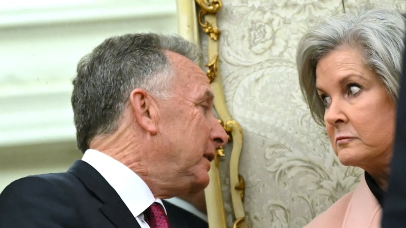 US Special Envoy to the Middle East Steve Witkoff and White House Chief of Staff Susie Wiles (R) speak as the US president meets with Israel's prime minister.