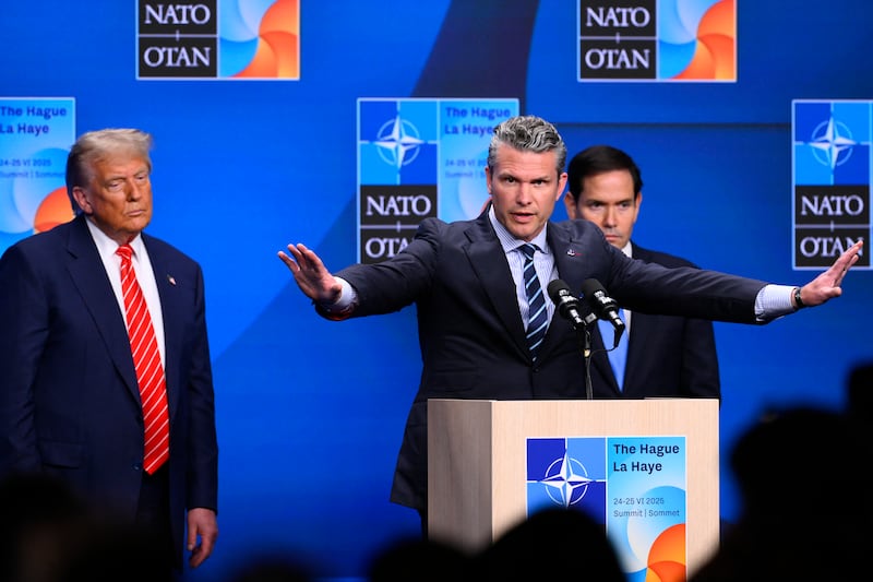Defense Secretary Pete Hegseth speaks at a press conference during the NATO summit on June 25, 2025.