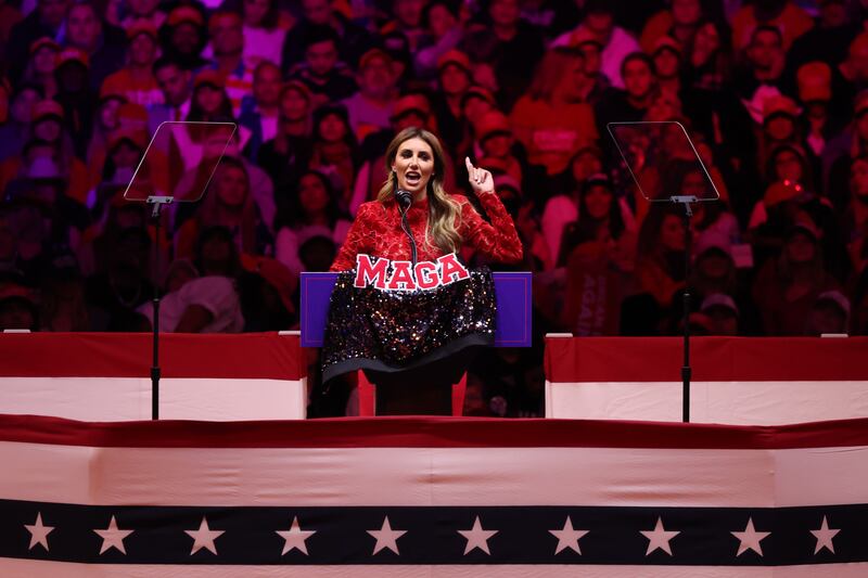 NEW YORK, NEW YORK - OCTOBER 27: Alina Habba, Senior Advisor to President Donald J. Trump, places a MAGA jacket on the podium as she speaks prior to Republican presidential nominee, former U.S. President Donald Trump taking the stage at a campaign rally at Madison Square Garden on October 27, 2024 in New York City.