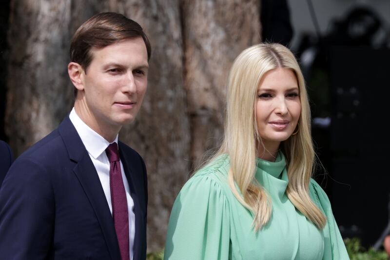 Special adviser to the president Jared Kushner (L) and Ivanka Trump arrive to the signing ceremony of the Abraham Accords on the South Lawn of the White House September 15, 2020 in Washington, DC.