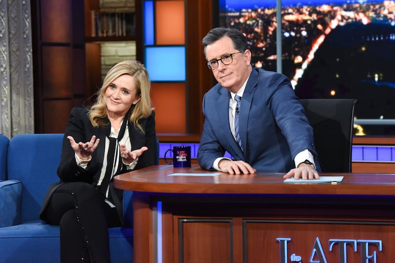 Stephen Colbert and guest Samantha Bee during Thursday's January 30, 2020 The Late Show