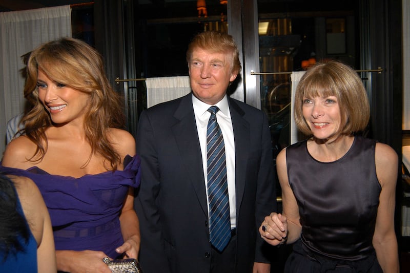 Melania Trump, Donald Trump and Anna Wintour attend MAC Cosmetics Hosts Launch Party for Andre Leon Talley's Book, ALT 365 at LaGrenouille on June 7, 2005 in NYC. (Photo by Neil Rasmus/Patrick McMullan via Getty Images)
