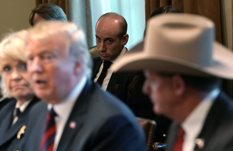 Senior Advisor to the President Stephen Miller looks on as U.S. President Donald Trump hosts a round-table discussion on border security and safe communities with State, local, and community leaders in the Cabinet Room of the White House on January 11, 2019 in Washington, DC.