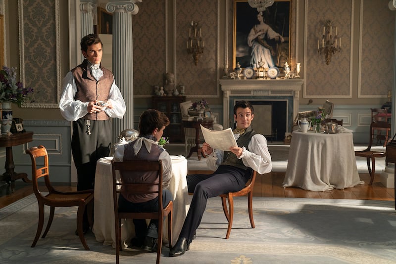 Luke Newton as Colin Bridgerton, Will Tilston as Gregory Bridgerton, and Luke Thompson as Benedict Bridgerton.