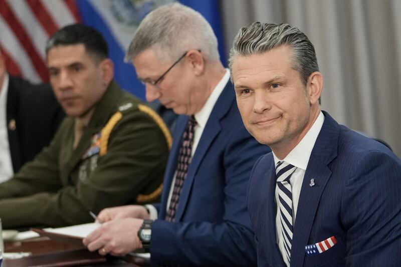 US Defense Secretary Pete Hegseth (R) looks on during a meeting Salvadoran Defense Minister Rene Merino Monroy (out of frame) at the Pentagon in Washington, DC on April 16, 2025. (Photo by Oliver CONTRERAS / AFP) (Photo by OLIVER CONTRERAS/AFP via Getty Images)