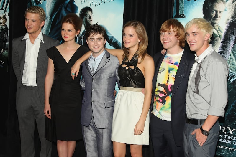 Actors Freddie Stroma, Bonnie Wright, Daniel Radcliffe, Emma Watson, Rupert Grint and Tom Felton attend the ‘Harry Potter and the Half-Blood Prince’ premiere in 2009.