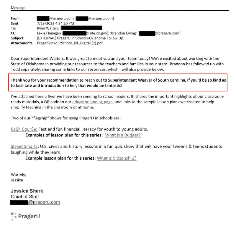 A July 2023 e-mail from PragerU's Jessica Sherk to State Superintendent of Public Instruction Ryan Walters reveals Walters recommended the conservative advocacy group contact South Carolina officials.