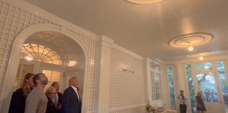 President Trump inspects renovations at the Palm Room in the White House.