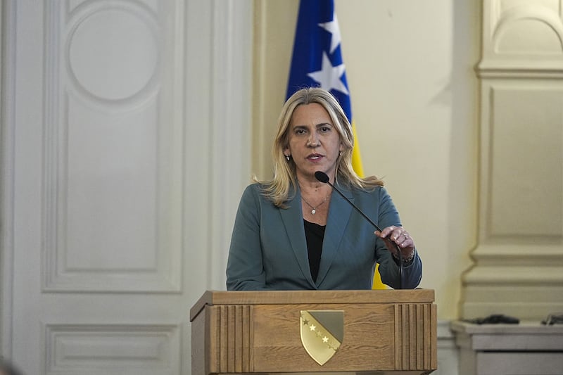SARAJEVO, BOSNIA AND HERZEGOVINA - APRIL 8: President of the Presidency Council of Bosnia and Herzegovina and Serbian member Zeljka Cvijanovic speaks during a joint press conference with Kaja Kallas, High Representative of the European Union (EU) for Foreign Affairs and Security Policy, Croatian member Zeljko Komsic and Bosniak member Denis Becirovic in Sarajevo, Bosnia and Herzegovina on April 8, 2025. (Photo by Samir Jordamovic/Anadolu via Getty Images)