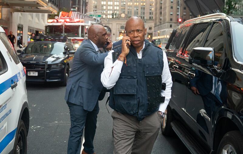New York City Mayor Eric Adams is pictured on the scene of an active shooter in Midtown Manhattan, Monday, June 28, 2025, in New York City.